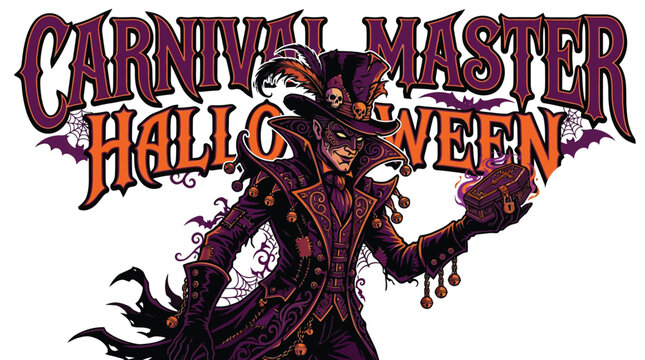 Carnival master of halloween holding a glowing coffin wearing a purple costume with top hat and ornate typography