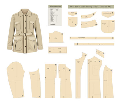 Mens Safari Jacket Sewing Pattern with Belt and Four Pockets