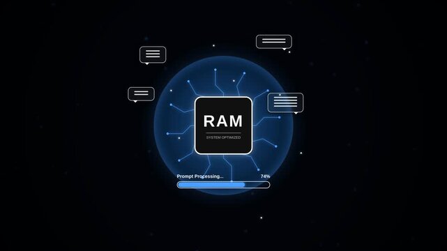 Glowing computer RAM microchip with illuminated circuit board lines and progress loading bar, representing high-speed data transfer concept for tech presentations and computing system design