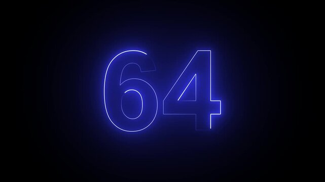 Glowing blue neon number 64 isolated on a dark black background