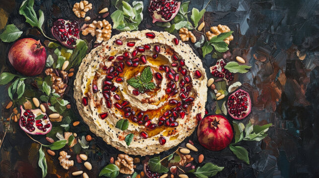 Hummus with Pomegranate, Pine Nuts, and Mint on Slate