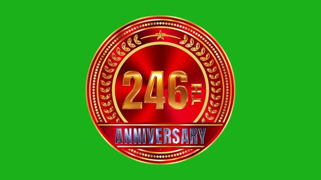High gloss red metallic disc 246th milestone gold crest with dazzling ruby gemstone border on green screen 4k video