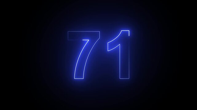 Glowing blue neon number 71 sign isolated on a black background