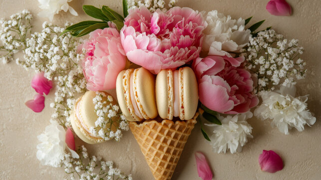 Macarons and Flowers in Waffle Cones on Elegant Styled Backgrounds