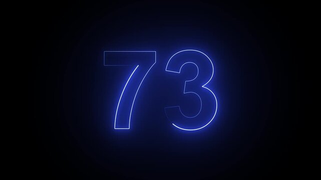 Glowing blue neon number 73 isolated on a dark black background