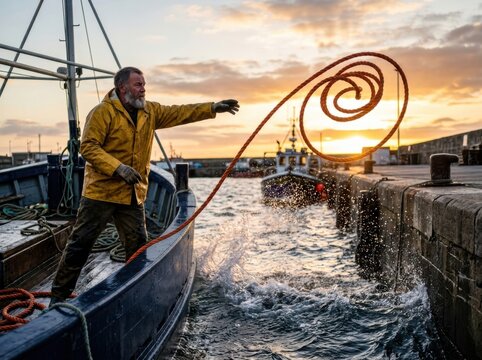 Harbor fisherman casting rope at sunset beside a working boat