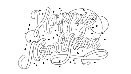 Happy New Year hand lettering in elegant outlined calligraphy with decorative swirls and scattered dots, black line art on a white background, vector typography for New Year greeting cards and posters © Chadhar Sab