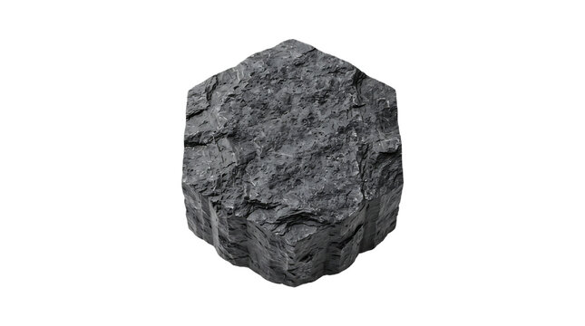 A single hexagonal basalt column section with a rough textured dark grey stone surface , isolated on transparent background png .