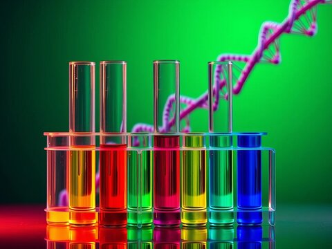 Test tubes with colorful liquids against DNA structure, test tubes, biochemistry lab