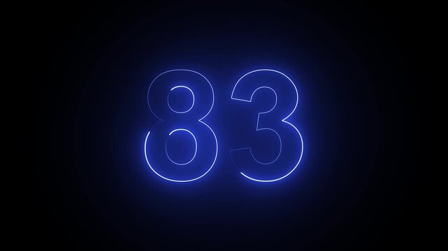 Glowing blue neon number 83 isolated on a dark black background