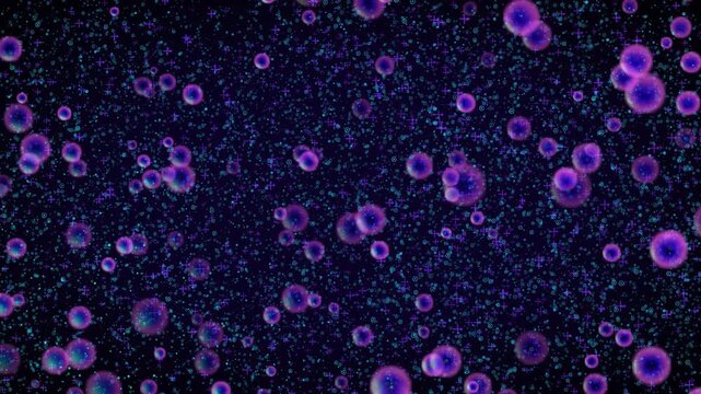 Floating purple luminous spheres moving upward across a dark textured field with tiny sparkling particles forming a beautiful abstract motion design.