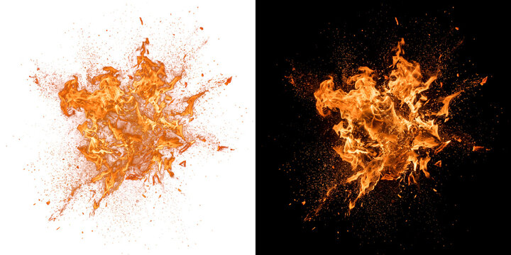 Fire blast with burning orange flames and flying debris available in PNG, Transparent and Black Background Versions for designs