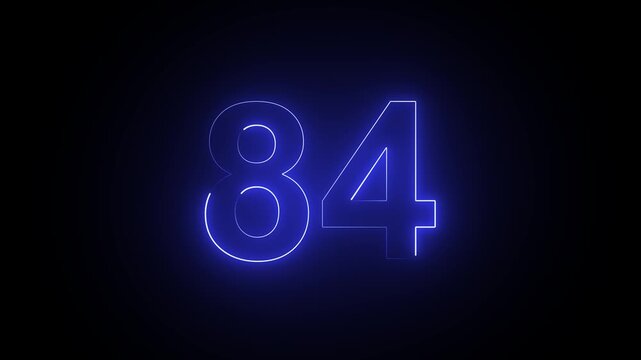 Glowing blue neon number 84 isolated on black background for digital