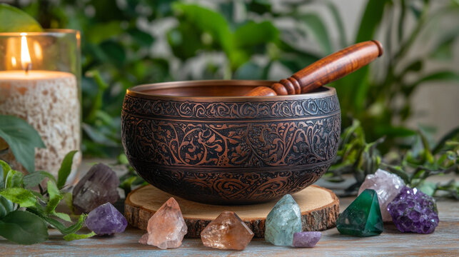 Meditation Setup with Singing Bowl, Crystals, and Candle