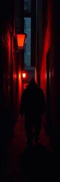 Shadowy figure lurking in dimly lit alleyway, hint of movement, urban environment, apprehension