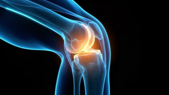 Blue Transparent 3D Visualization of Human Knee Joint Anatomy Showing Pain and Inflammation in the Patella and Meniscus Areas