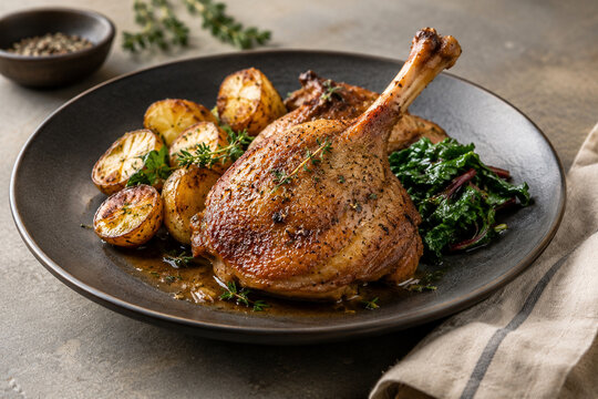 Crispy Roasted Duck Confit Leg Served with Roasted Potatoes, Sauteed Kale, and Fresh Herbs