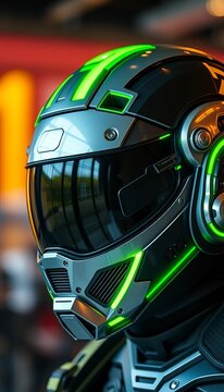 Helmet with a futuristic look having neon green accents and silver details, icon, cartoon