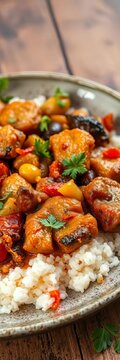 Golden brown kokorech served with saut&eacute;ed vegetables and aromatic spices, mouthwatering, close up
