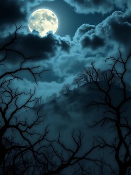 Full moon casts eerie glow on misty hill, surrounded by twisted tree limbs and dark clouds, twisted-trees, fall