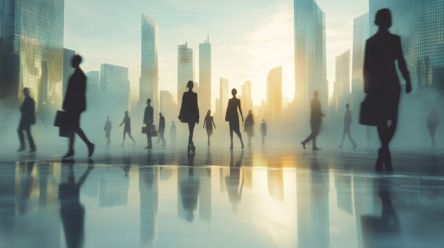 Silhouettes of Businesspeople Walking in a Foggy Futuristic City