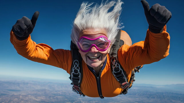 Elderly Woman Skydiving with Joyful Expression