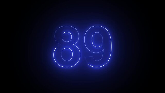 Glowing blue neon number 89 animation isolated on a black background