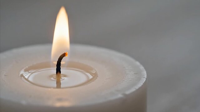 Warm Glow of a Single Candle: A solitary white candle burns brightly, its flame casting a soft, warm light, creating an atmosphere of tranquility and reflection.