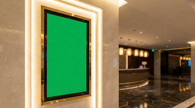 Green screen digital display mockup in luxury hotel lobby interior