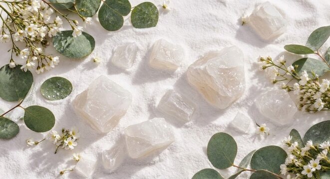 Potassium Alum Crystals and Powder with Eucalyptus Leaves and White Flowers