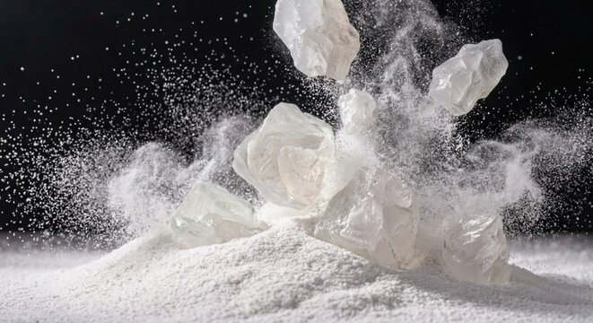 Potassium Alum Crystals and Powder Splash on Dark Background