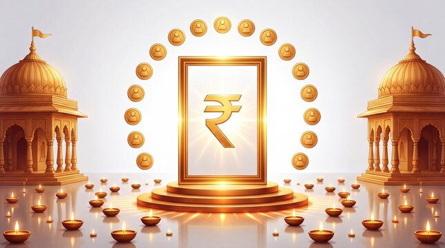 Flat Glowing abstract art of a digital marketplace with Labh Pancham symbols concept as An abstract digital art piece depicting a digital marketplace illuminated by glowing Labh Pancham symbols. The .