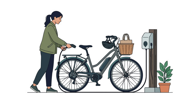 Woman charging her electric bicycle at charging station with basket and helmet vector illustration graphic art
