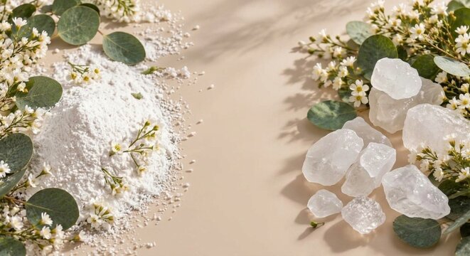 Potassium Alum Powder and Raw Crystals with Botanical Flowers on Beige Background