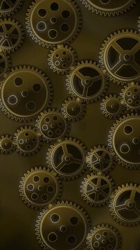 Interlocking Metal Gears Rotating Clockwork Mechanism Background Seamless Loop in rich gold tones vertical 9:16