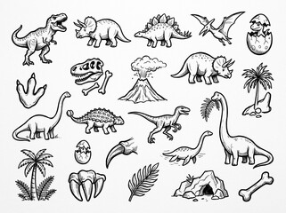 Obraz premium Dinosaur Doodle Icons Set, Hand Drawn Sketch Collection with Various Dinosaurs and Volcano Symbols for Kids Education and Prehistoric Design