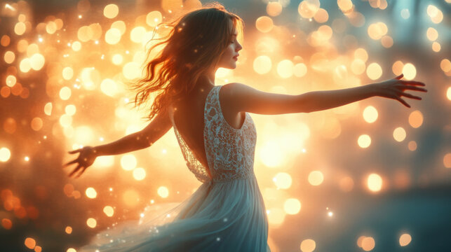 Woman in White Dress Surrounded by Glowing Lights