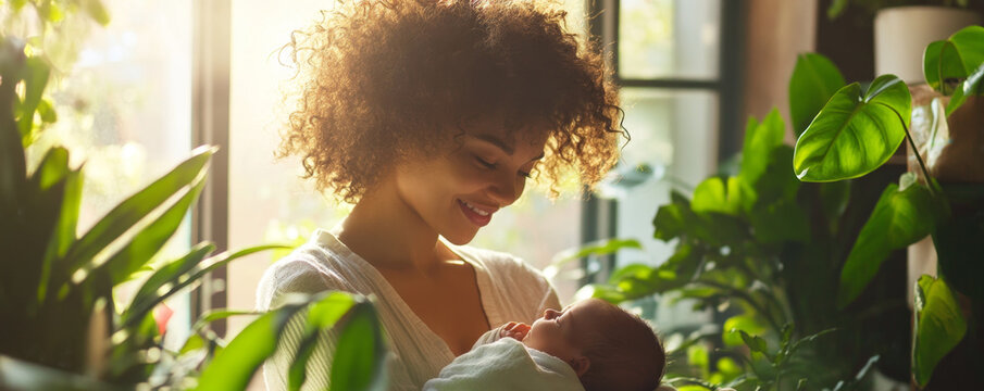 Mother Holding Newborn in Sunlit Room