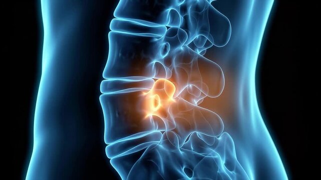 3D medical illustration of lower back pain showing a herniated disc in the lumbar spine with inflammation highlighted in orange
