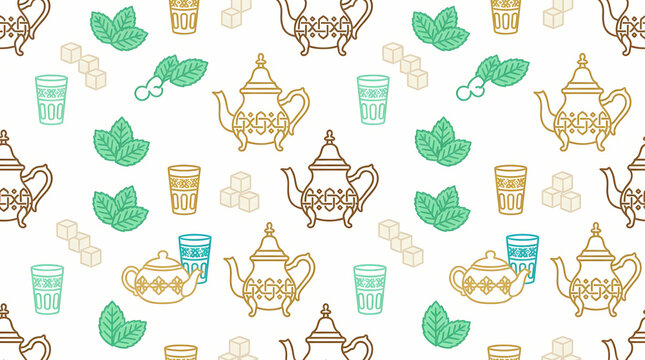 Moroccan Mint Tea Background with Traditional Teapots Glasses and Mint