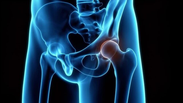 3D medical illustration of the human hip joint with an orange highlight showing pain or inflammation in the pelvic region.