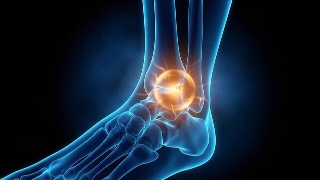 3D Anatomical Illustration of Human Foot and Ankle Joint Pain with Glowing Orange Inflammation Highlight on Blue Skeletal Structure