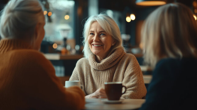 Happy Senior Woman Enjoying Coffee and Conversation
