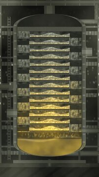 Distillation column cutaway with sieve trays, bubbling froth layers and downcomer liquid cascade, seamless loop in deep sulfur tones vertical 9:16