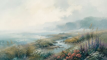 Obraz premium Misty coastal landscape wallpaper with wildflowers and tidal stream