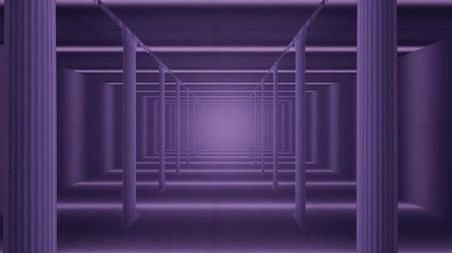 Wide Bay Stone Pillar Gallery Under Skylight Slots, Slow Zoom Out Pull Back Down the Aisle, Seamless Loop in calm violet tones