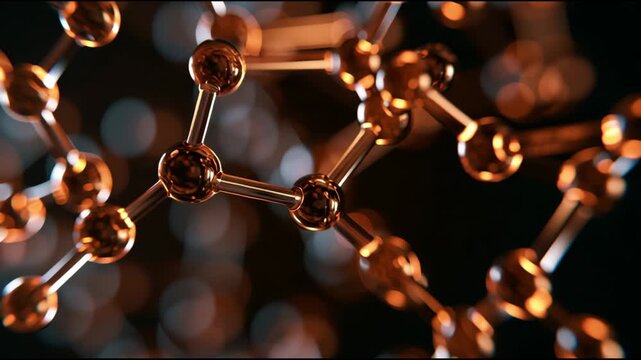 Molecules appear to shift and connect in a dark environment, highlighting their structure and interactions over time.