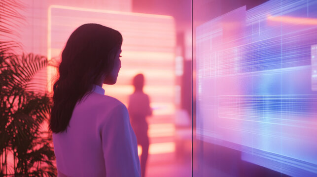 Futuristic Office with Neon Lights and Greenery