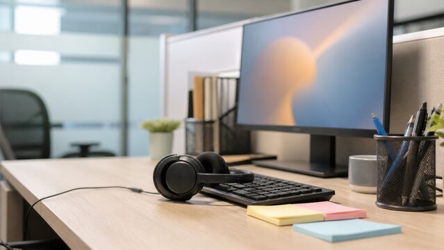 Empty morning help desk workstation with headset and blank notes