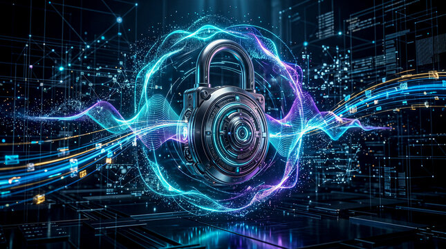 Quantum encryption lock protecting digital data on dark background